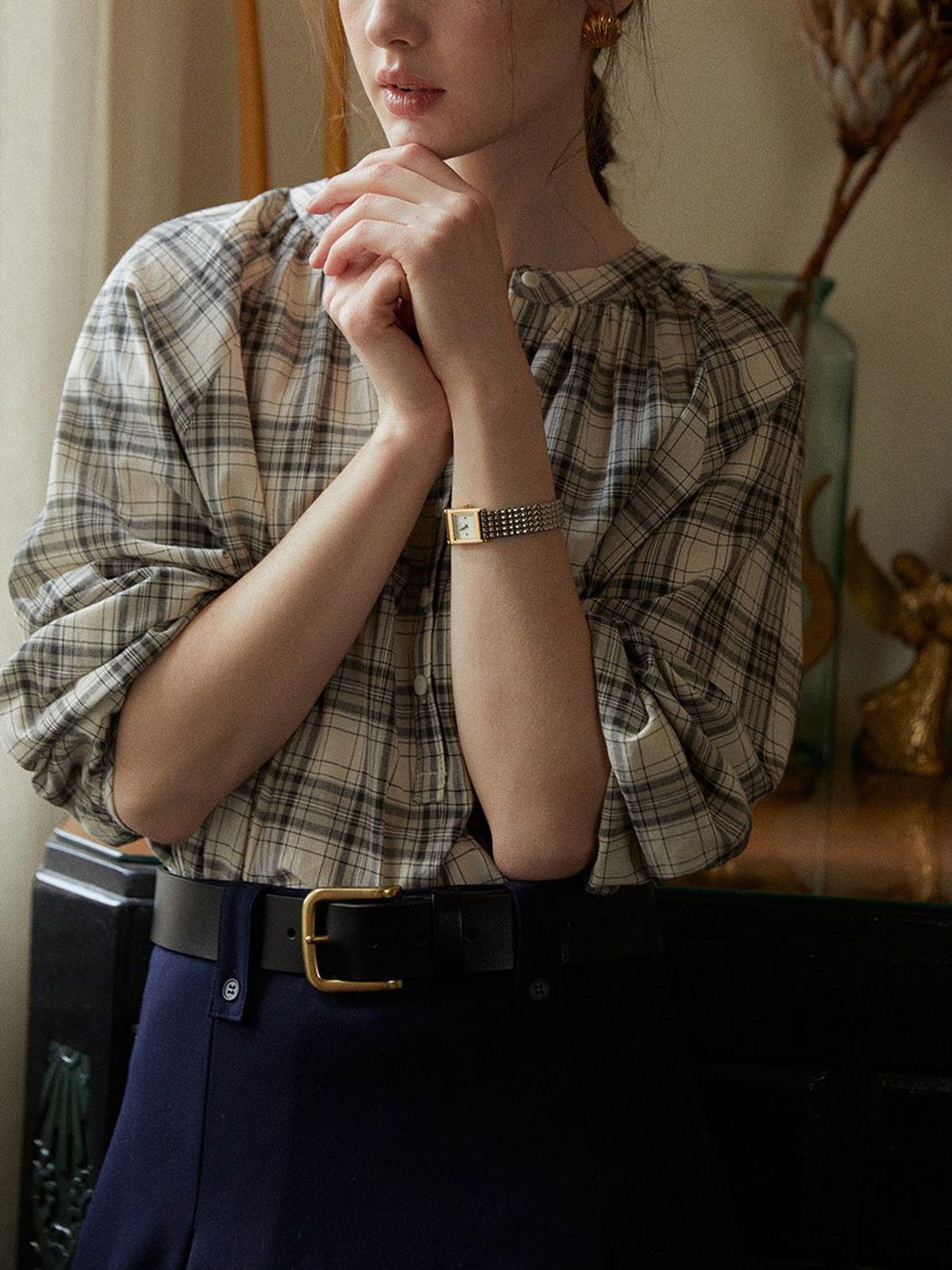 Gathered-Neck Plaid Blouse