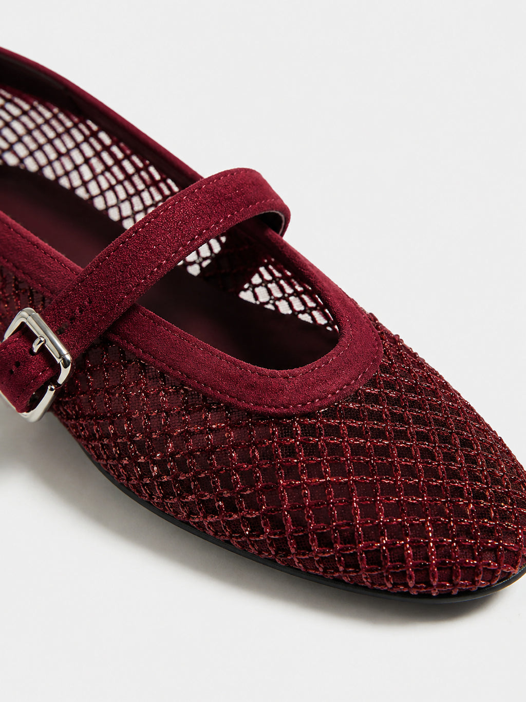 Mesh Mary Jane Flats – Faux Suede Sparkle Ballet Shoes