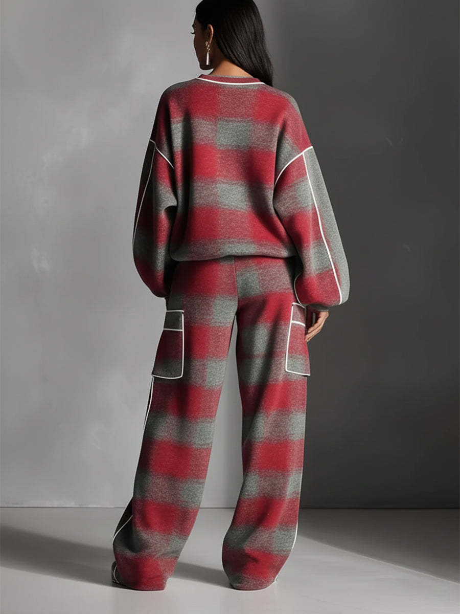 Fleece-Lined Plaid Oversized Sweater Set with Pockets and Ribbed Hem