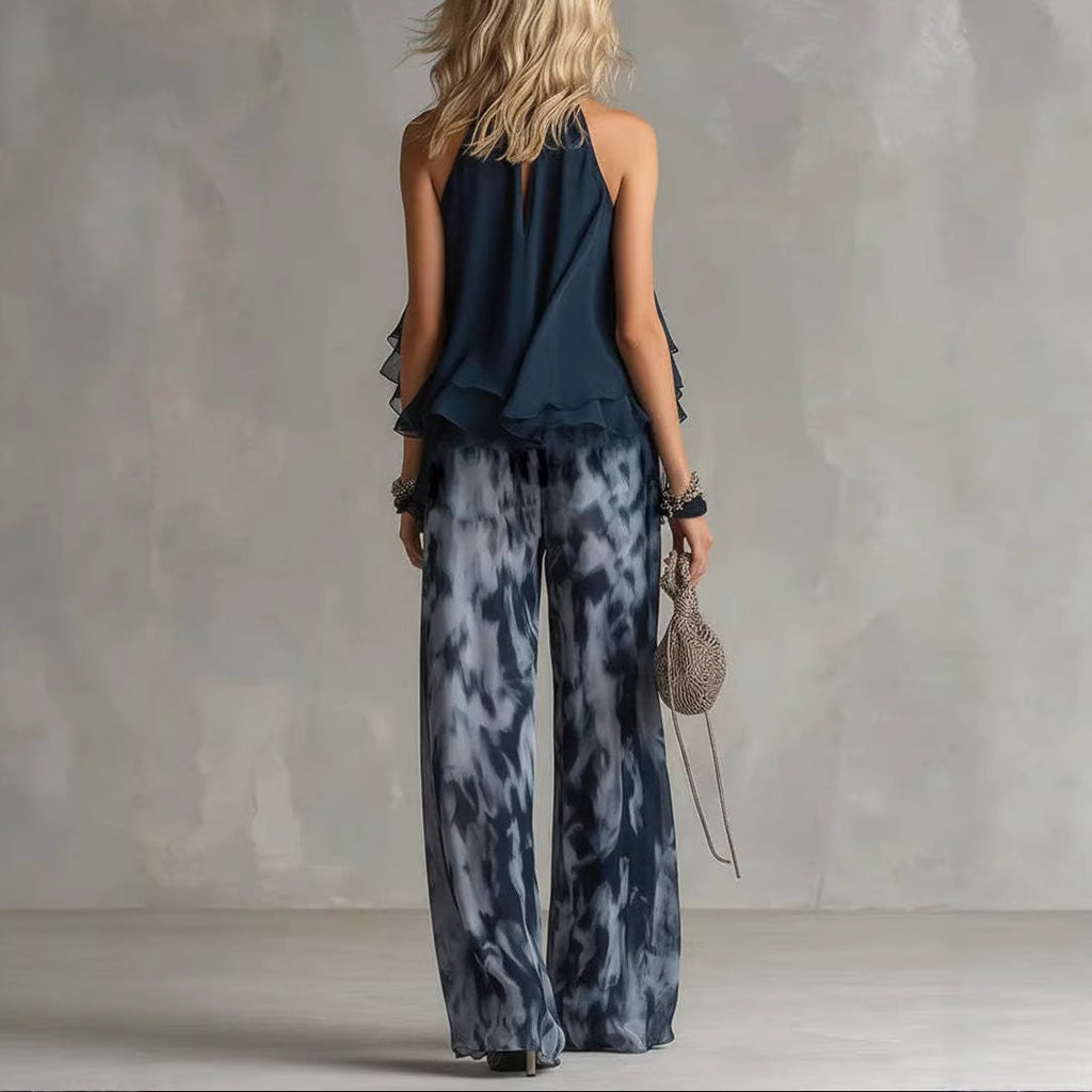 Halter Chiffon Top & Printed Pants Set