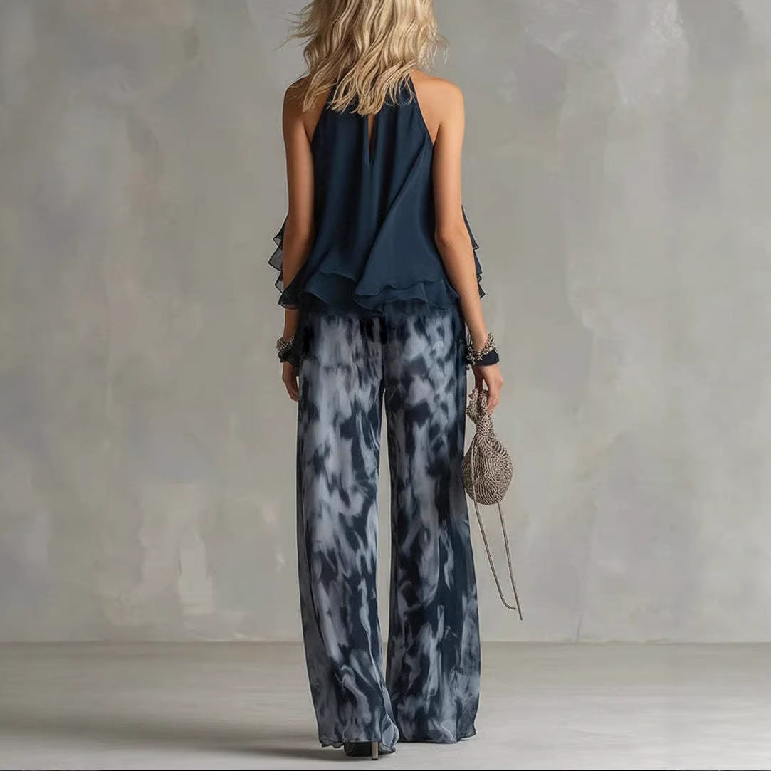 Halter Chiffon Top & Printed Pants Set
