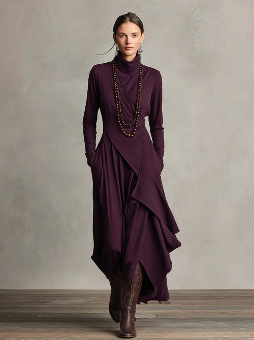 Asymmetric Draped Turtleneck Midi Dress