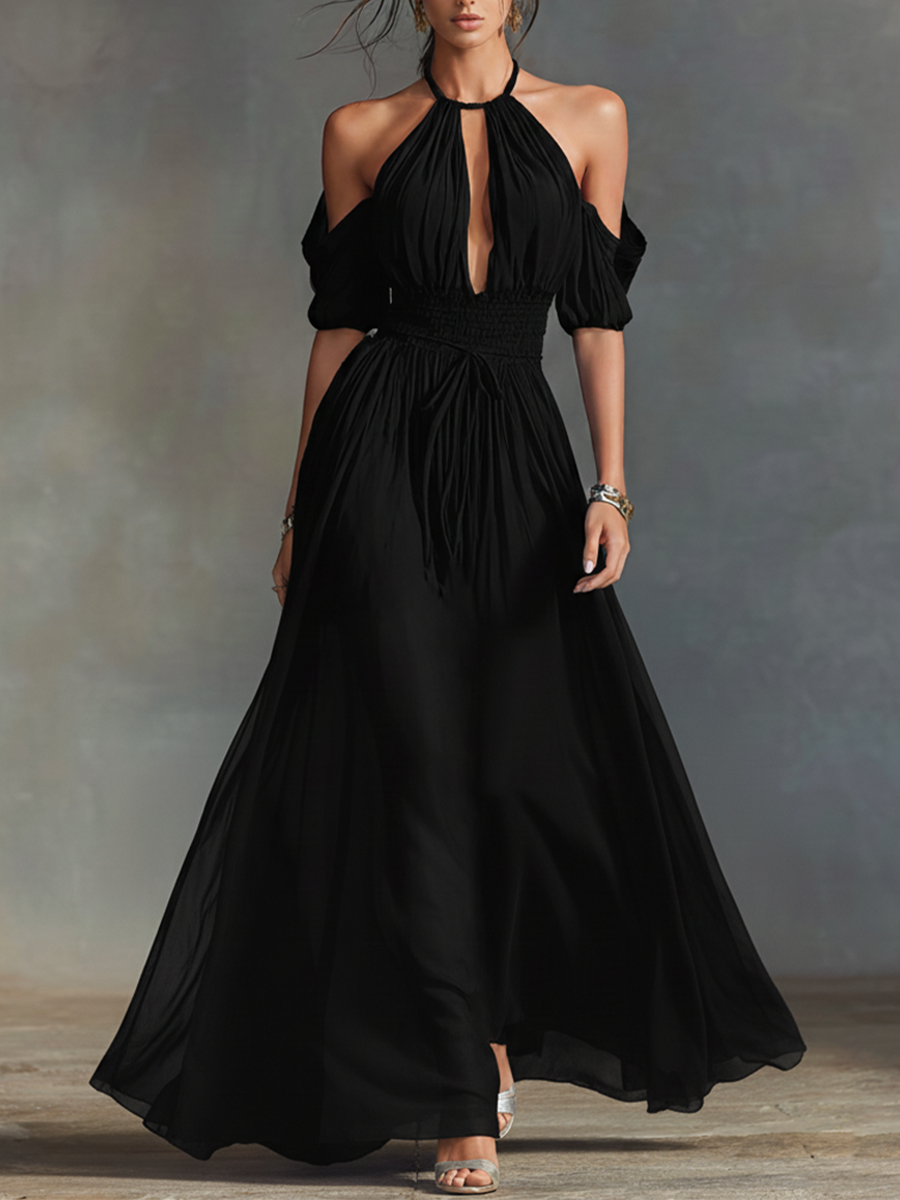 Chiffon Halter Maxi Dress with Deep V-Neck and Off-Shoulder Sleeves - Elegant Black Evening Gown for Formal Events