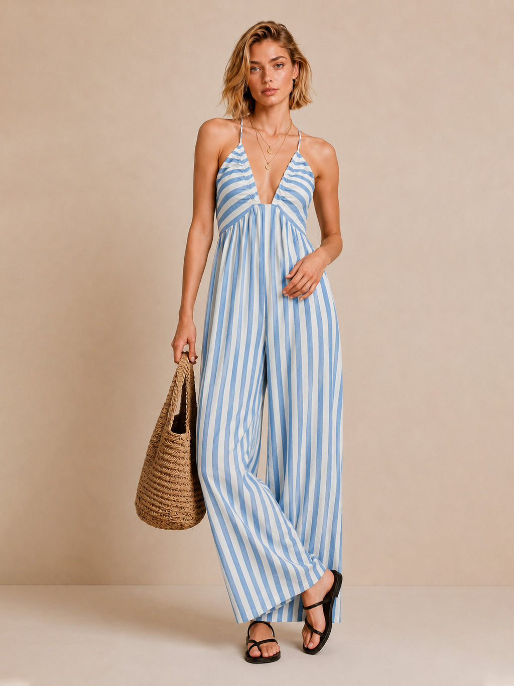 Deep-V Halter Striped Wide Jumpsuit