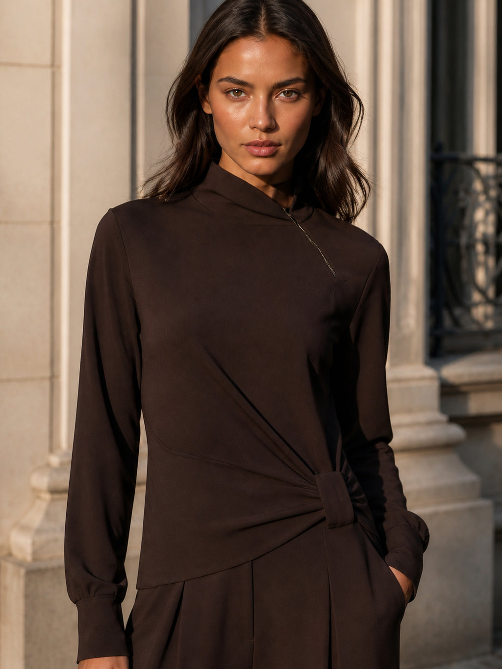Wrap-Front High Neck Wide-Leg Jumpsuit