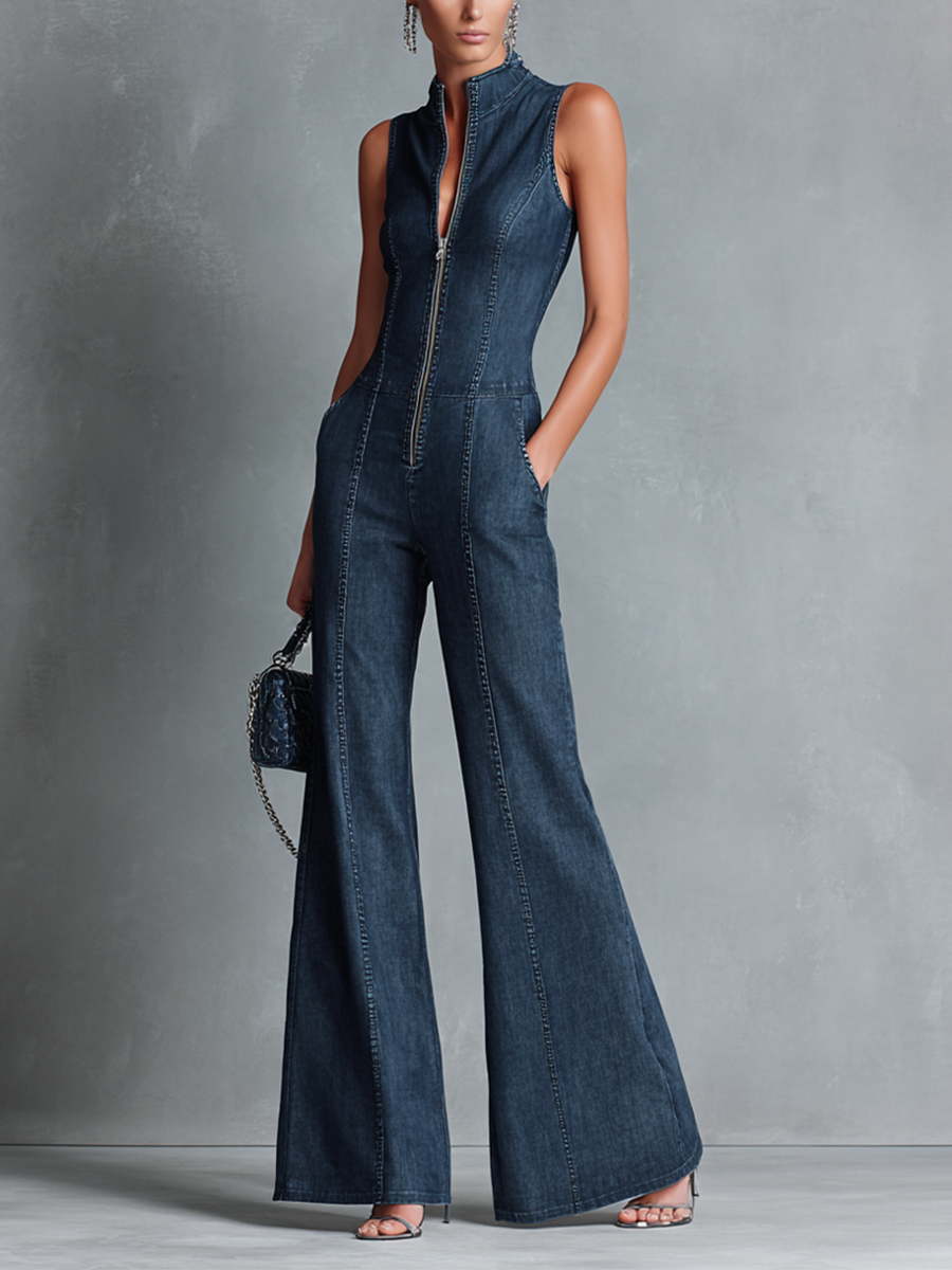 Denim Sleeveless Wide-Leg Jumpsuit with Front Zipper and High Neck Design