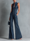 Denim Sleeveless Wide-Leg Jumpsuit with Front Zipper and High Neck Design