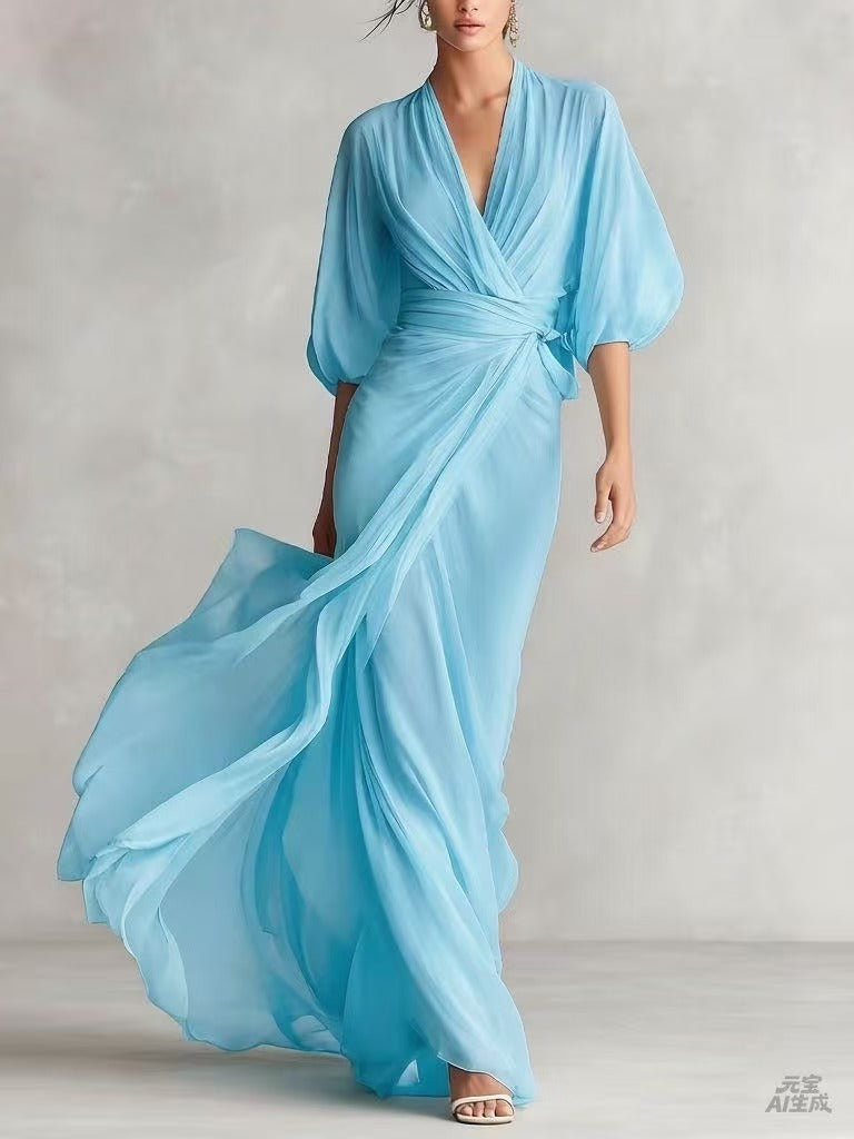 Ruched Wrap V Neck Flowy Maxi Dress