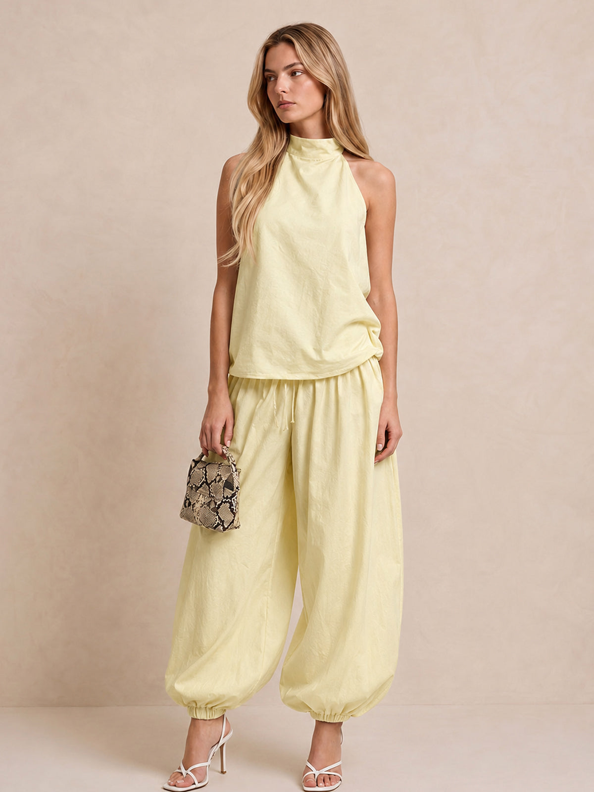 Light Yellow Linen-Blend Halter Top & Wide-Leg Pants Set