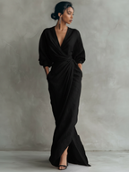 Leinenwickel-Maxikleid für Damen, elegantes V-Ausschnitt-Kleid mit langen Ärmeln, fließendem Schnitt, geknoteter Taille und Seitentaschen
