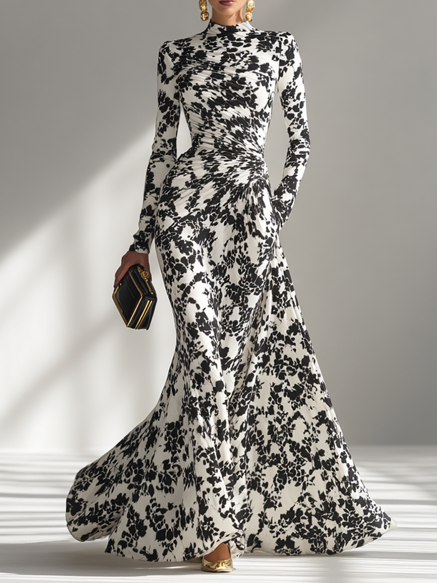Elegant Black and White Floral Print Long Sleeve Mermaid Gown in Stretch Crepe Fabric for Formal Events