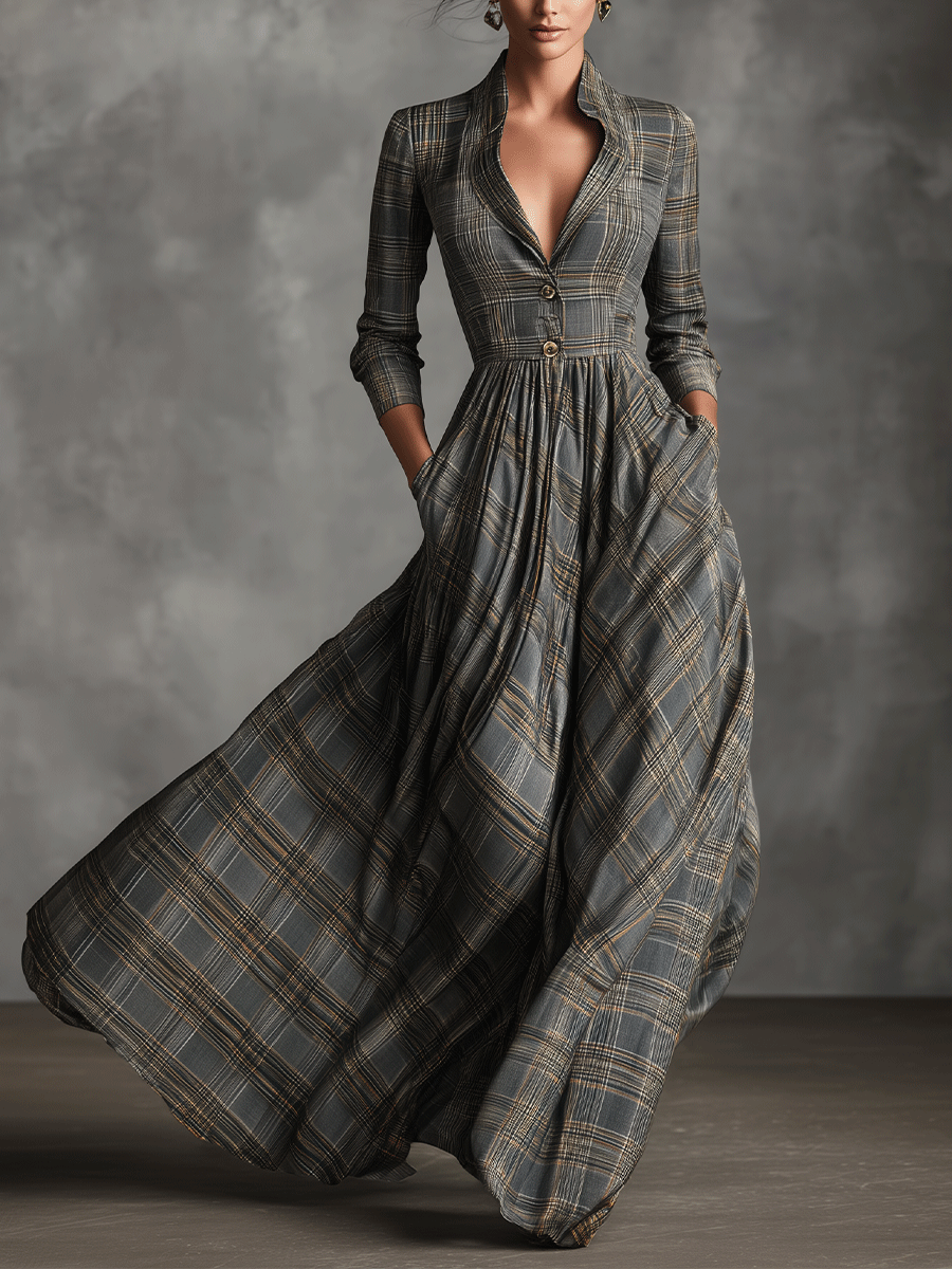 Plaid Wool-Blend Maxi Dress with Button Front and Flared Skirt