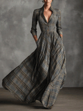 Plaid Wool-Blend Maxi Dress with Button Front and Flared Skirt