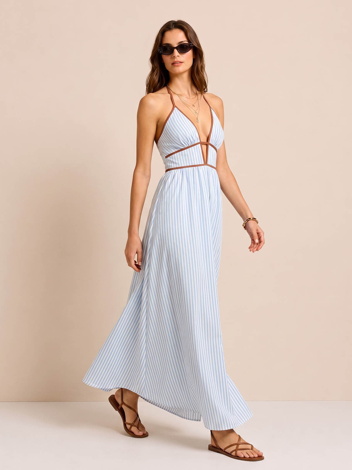 Striped Cutout Halter Maxi Dress