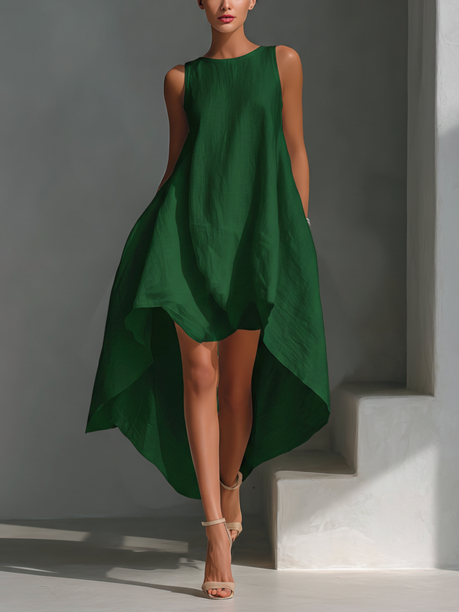 Linen Sleeveless High Low Dress Women Summer Casual Loose Fit Asymmetric Hem Maxi Dress