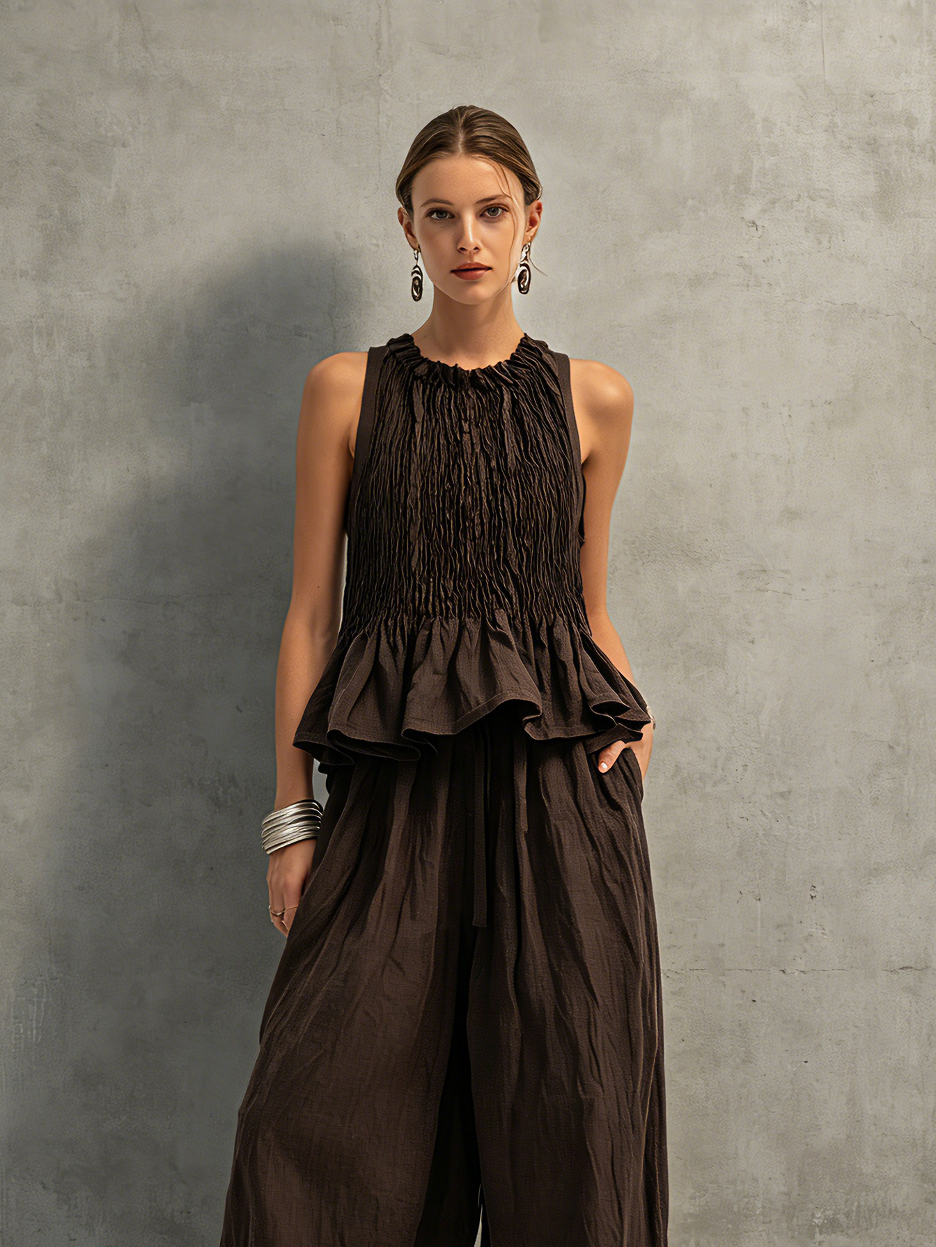 Linen Sleeveless Ruched Peplum Top and Wide Leg Pants Set for Women Boho Style Summer Outfit