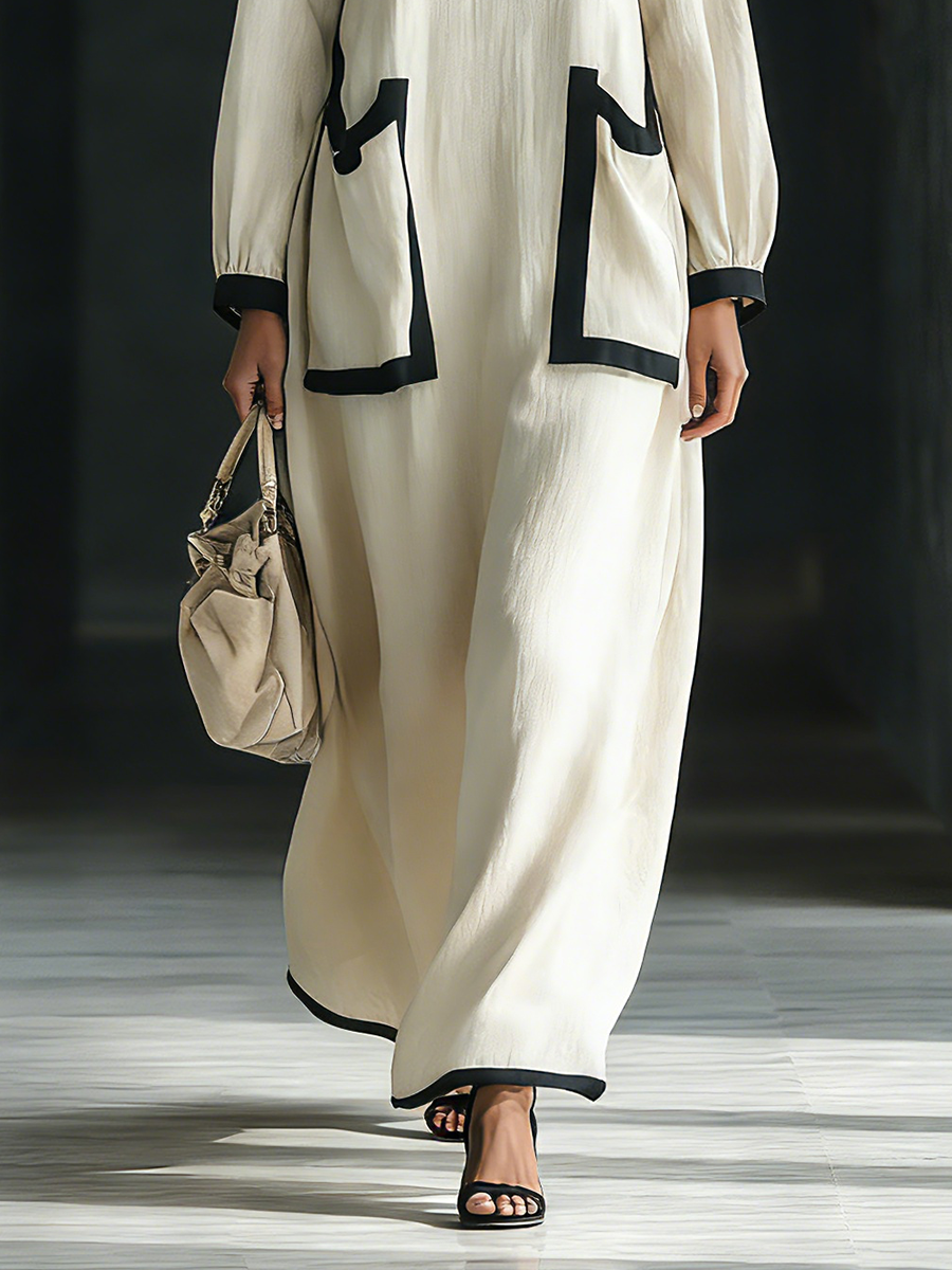 Linen Maxi Dress with Black Trim Square Neckline Long Sleeve Loose Fit Boho Style Women's Summer Dress