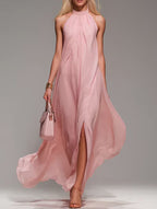 Abito lungo in chiffon svolazzante con scollo all'americana