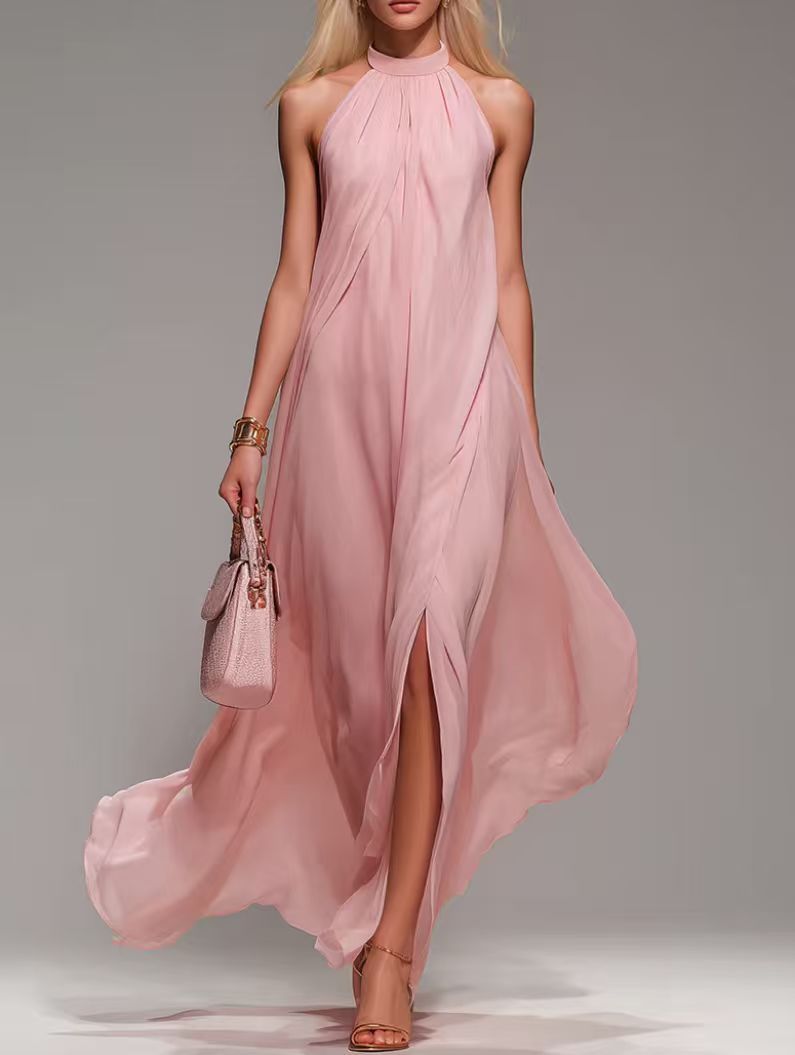 Halter Neck Flowy Chiffon Maxi Dress