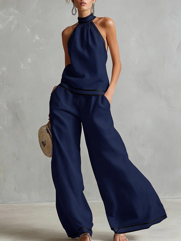 Contrast Trim Sleeveless Vest & Wide-Leg Pants Set