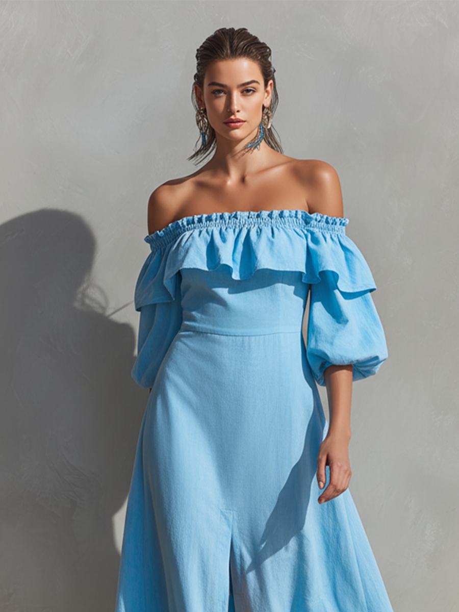 Cotton Off-Shoulder Ruffle Midi Dress with Side Slit and Puff Sleeves