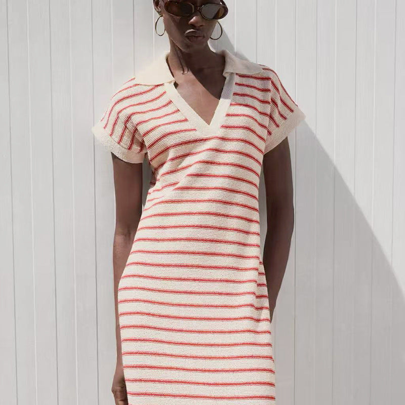 Striped V-Neck Knit Polo Maxi Dress