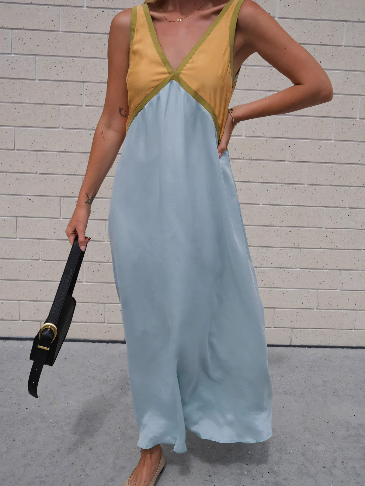 Color Block V Neck Midi Dress
