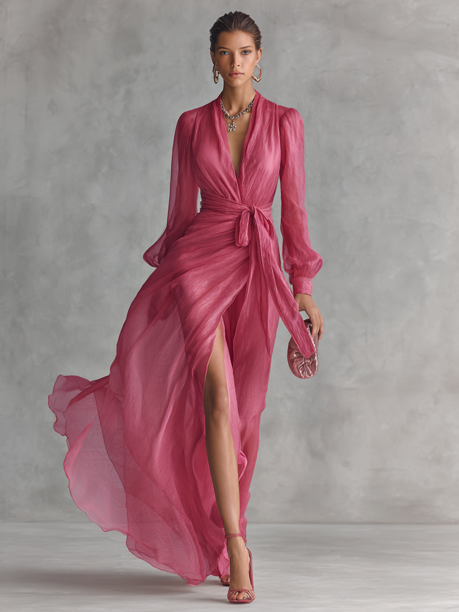 Chiffon Wrap Maxi Dress with Deep V-Neck and High Slit for Women Elegant Long Sleeve Evening Gown