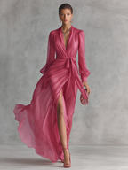 Vestido largo cruzado de gasa con escote en V profundo y abertura alta para mujer, elegante vestido de noche de manga larga