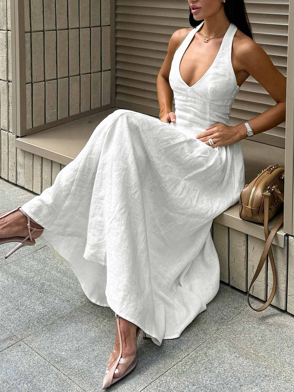 Halter Neck Backless Midi Dress