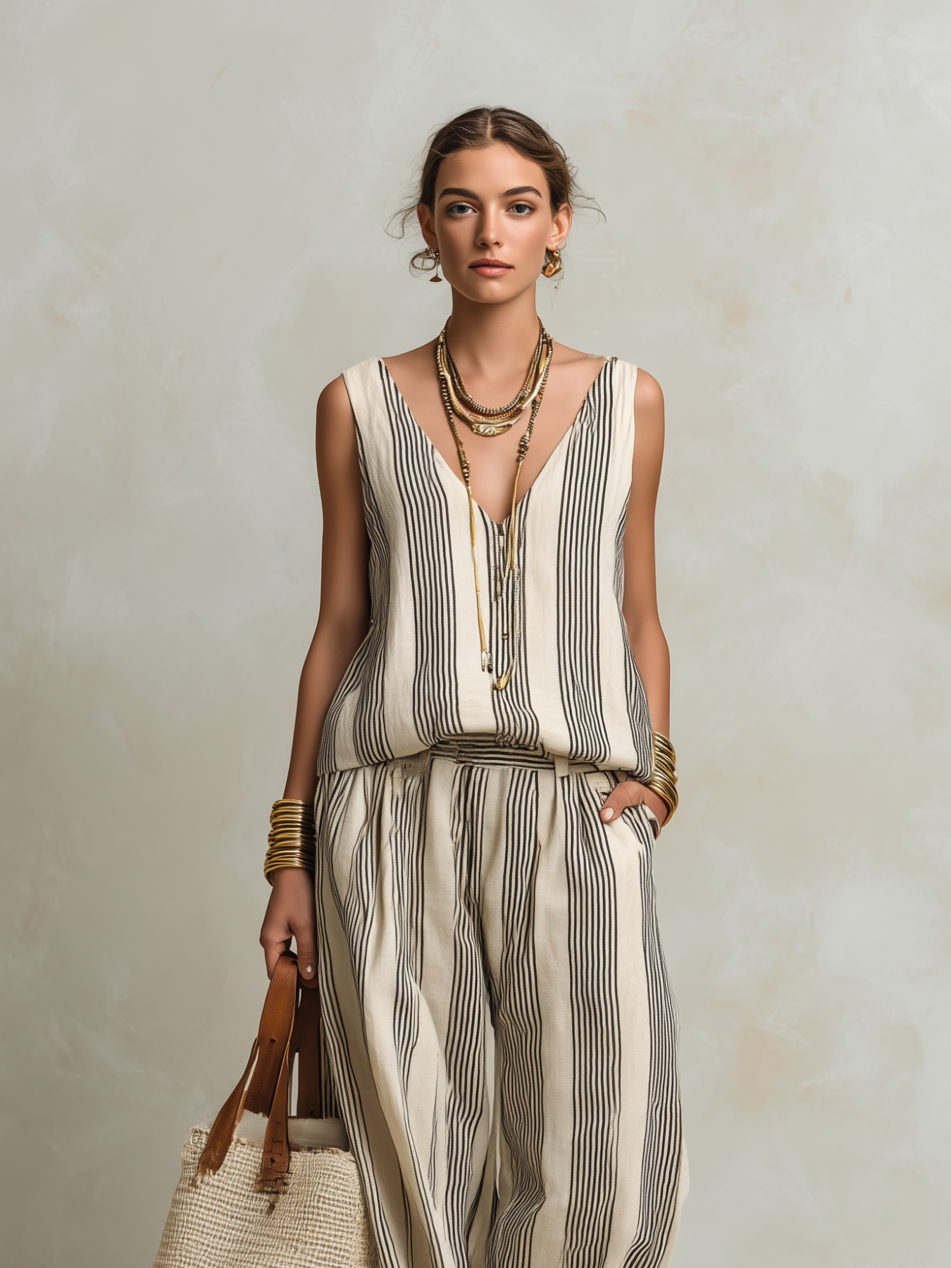 Linen Striped V-Neck Sleeveless Jumpsuit with Wide Leg and Deep Plunge Neckline
