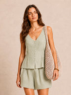 Knopfleisten-Peplum-Tanktop & Shorts Set