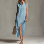 Vestido midi sin mangas con cuello alto y cremallera frontal