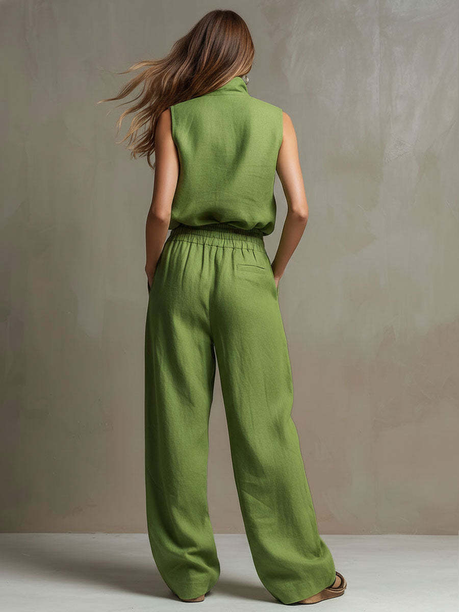 Linen Sleeveless Zip Up Top and Wide Leg Pants Set