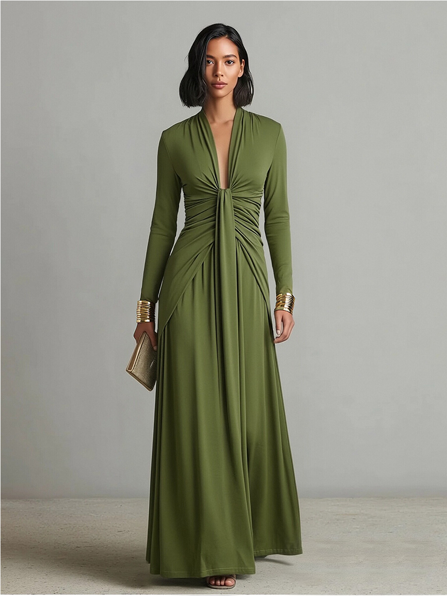 Silk Long Sleeve Draped Maxi Dress with Deep V-Neck and Front Twist Detail