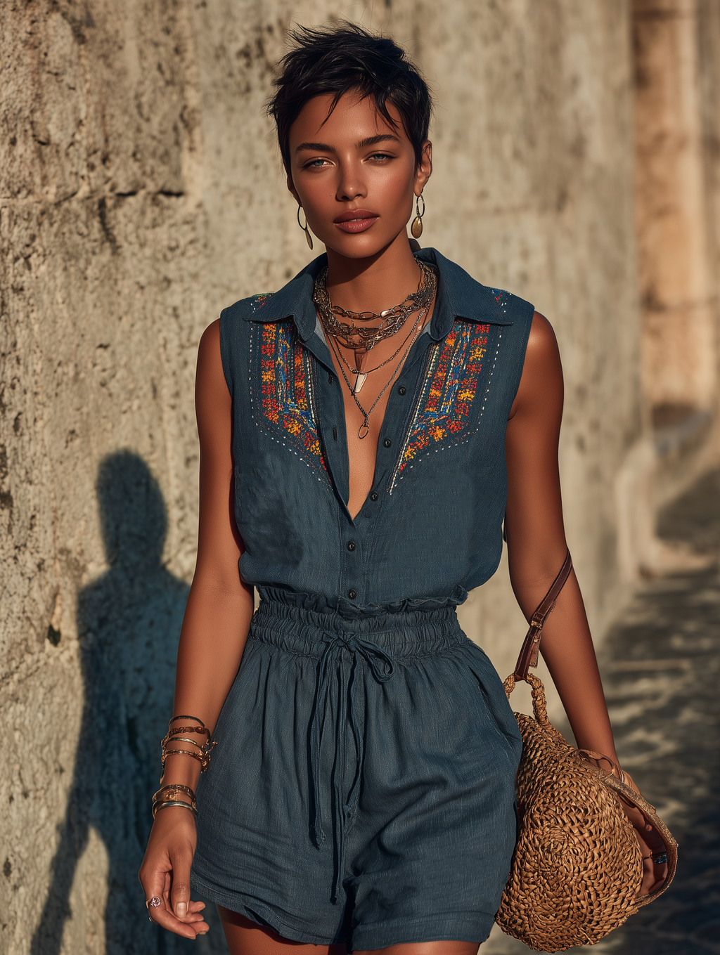 Cotton Denim Embroidered Sleeveless Romper with Drawstring Waist and Boho Style