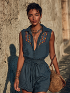 Baumwoll-Denim bestickter ärmelloser Overall mit Tunnelzug in der Taille und Boho-Stil
