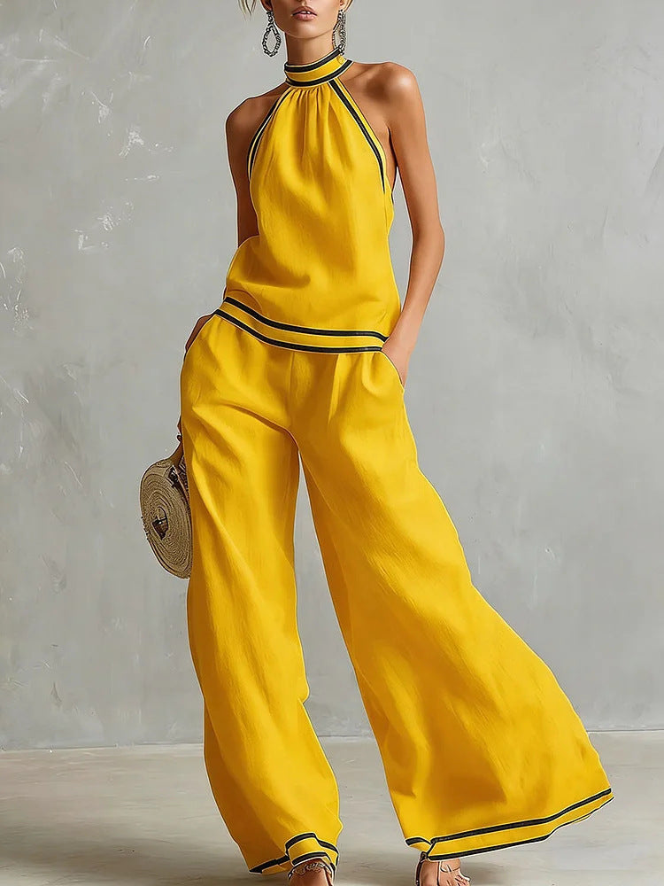Contrast Trim Sleeveless Vest & Wide-Leg Pants Set