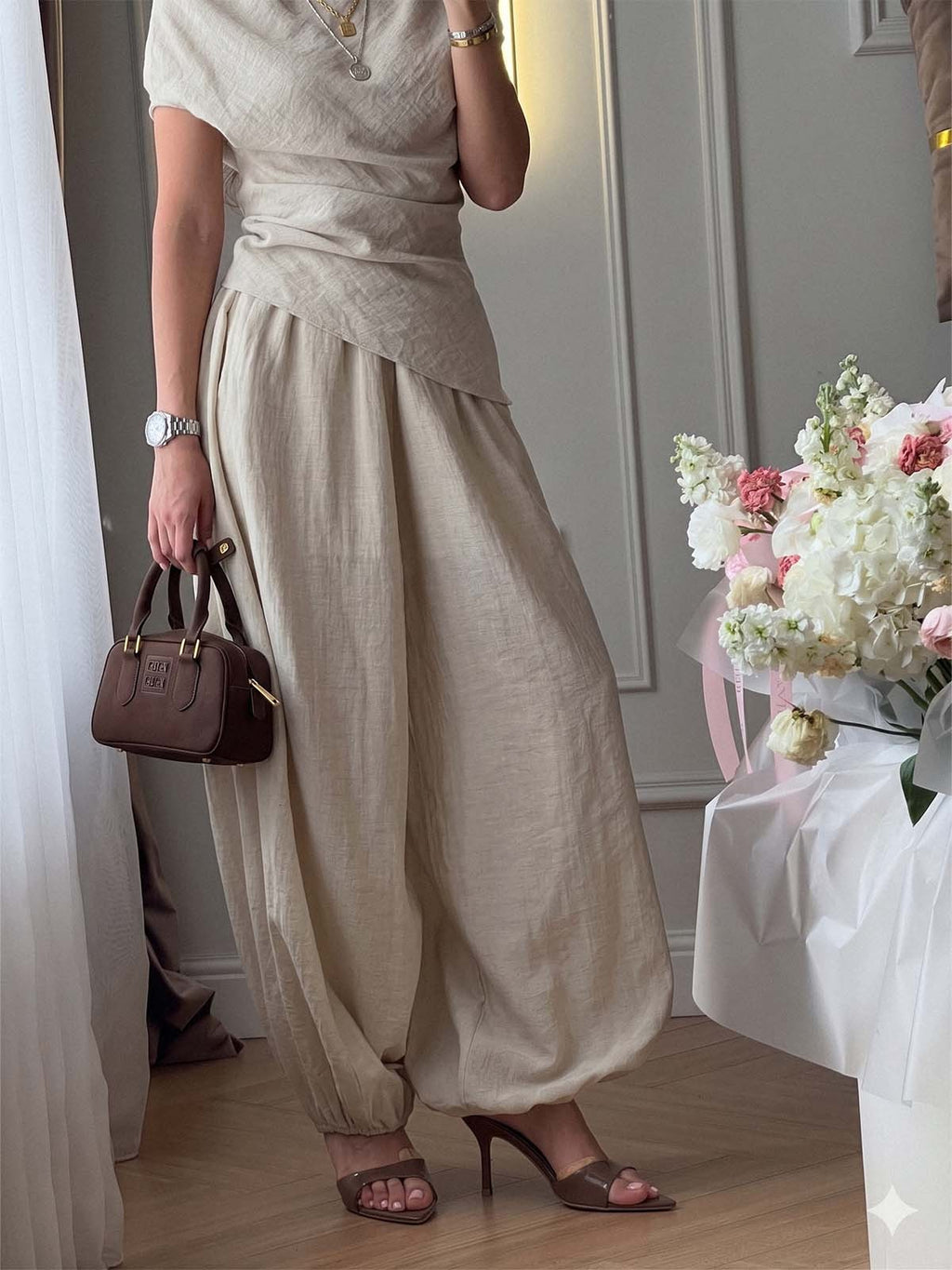 Off Shoulder Crinkled Linen Blend Top