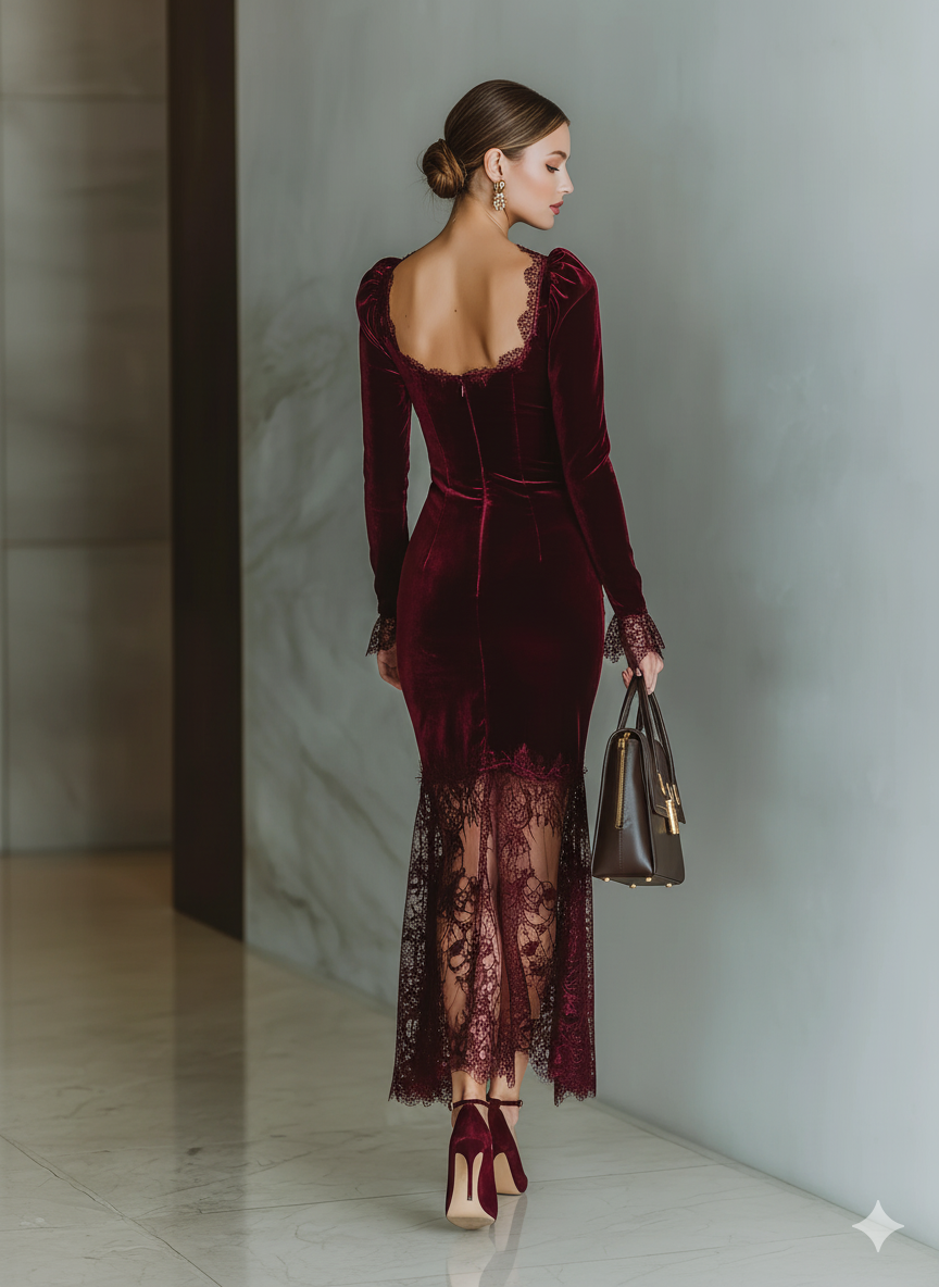 Velvet Lace Midi Dress with Long Sleeves and Square Neckline for Women Elegant Evening Party Dress