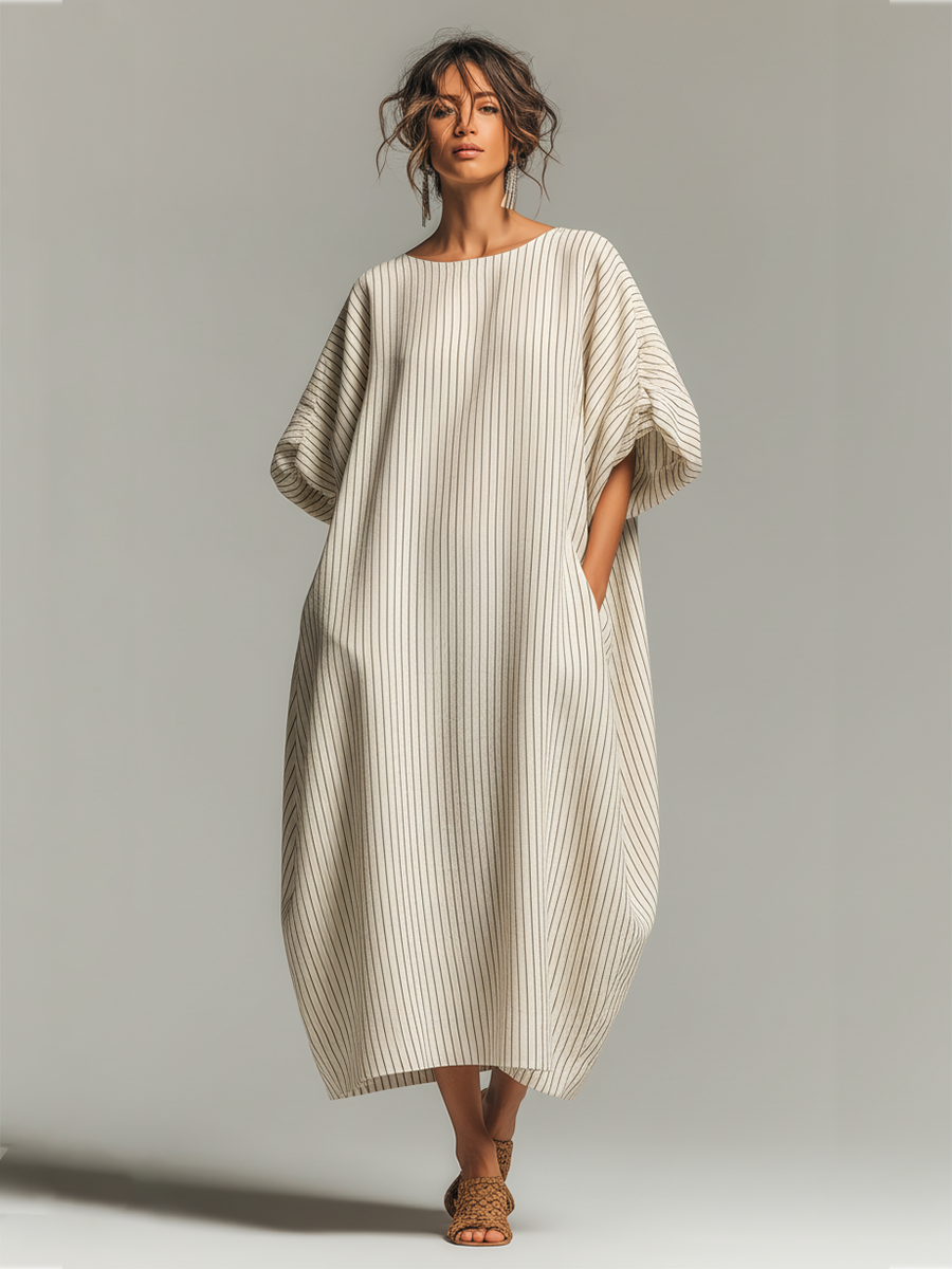 Cotton Linen Striped Loose Fit Maxi Dress with Wide Sleeves and Side Pockets