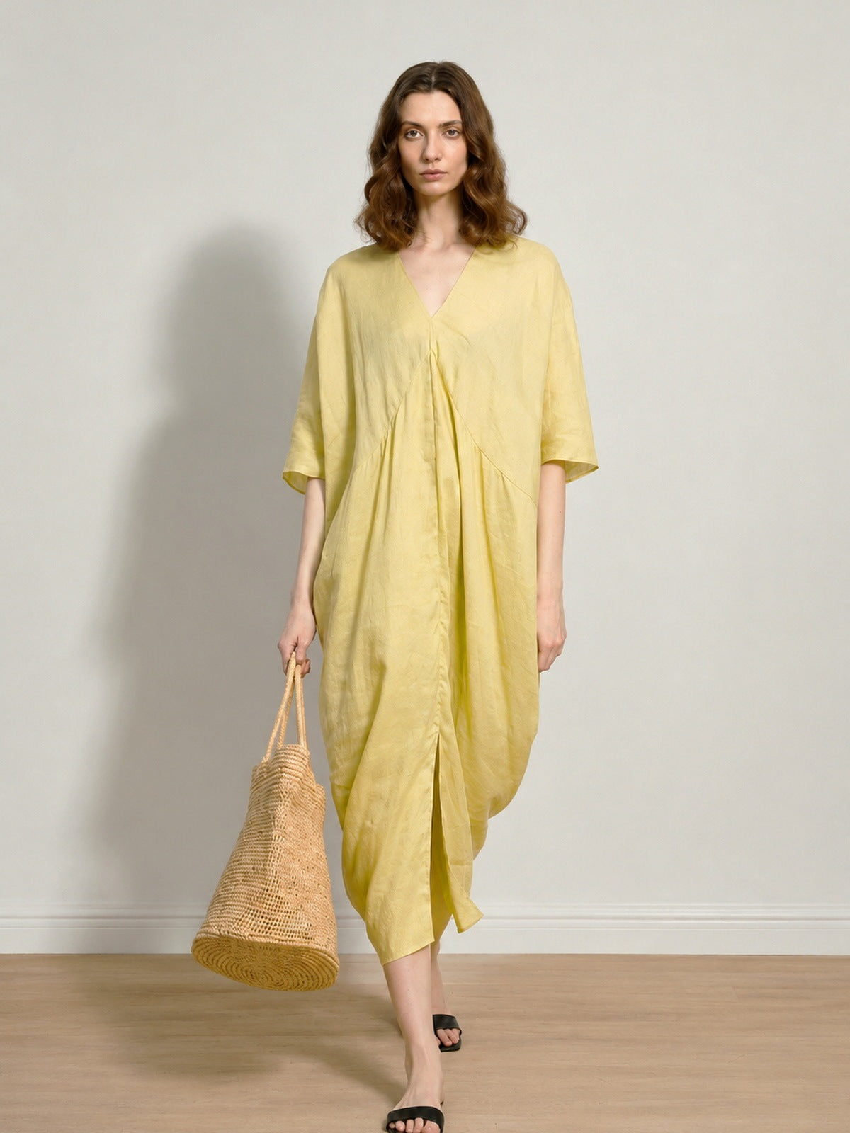 Linen V Neck Midi Dress