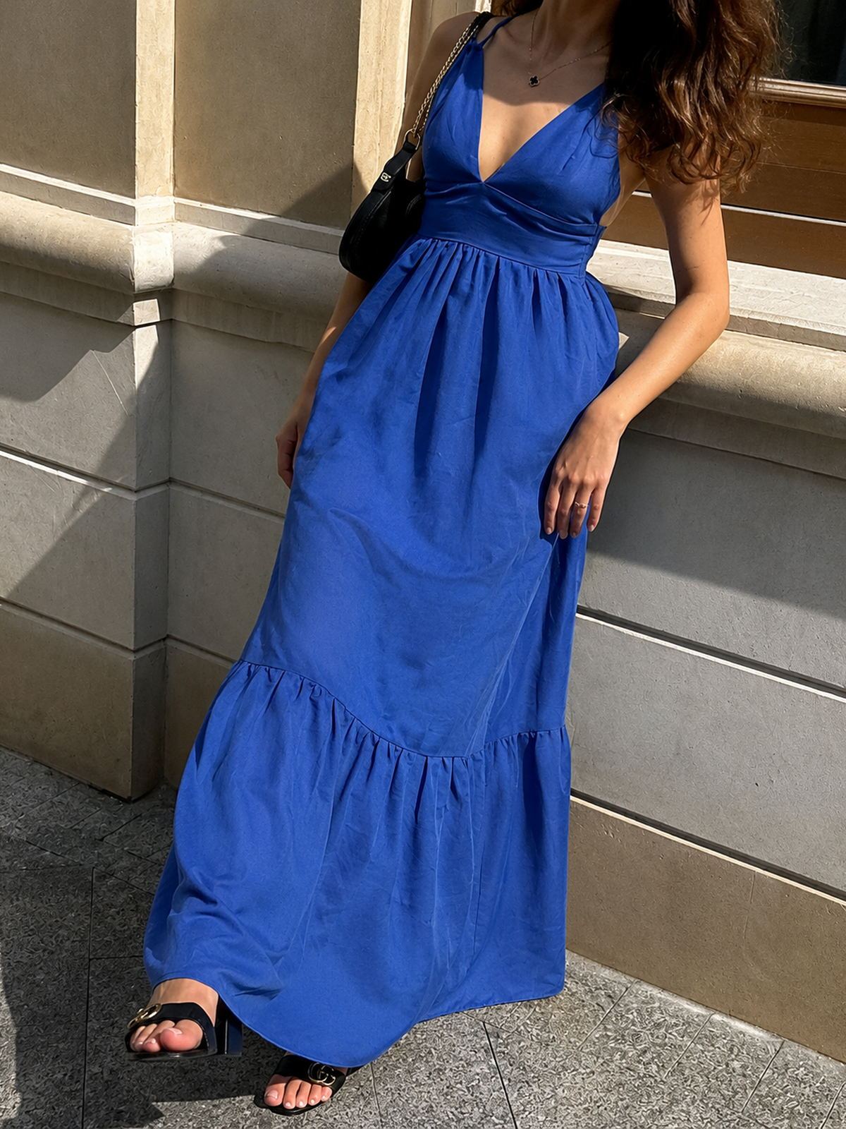 Linen V Neck Tiered Maxi Dress