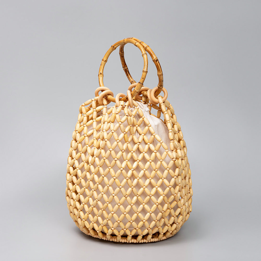 Handwoven Beaded Bucket Bag with Bamboo Handles