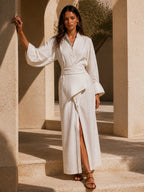 Wrap Belted Asymmetric Hem Linen-Blend Maxi Dress
