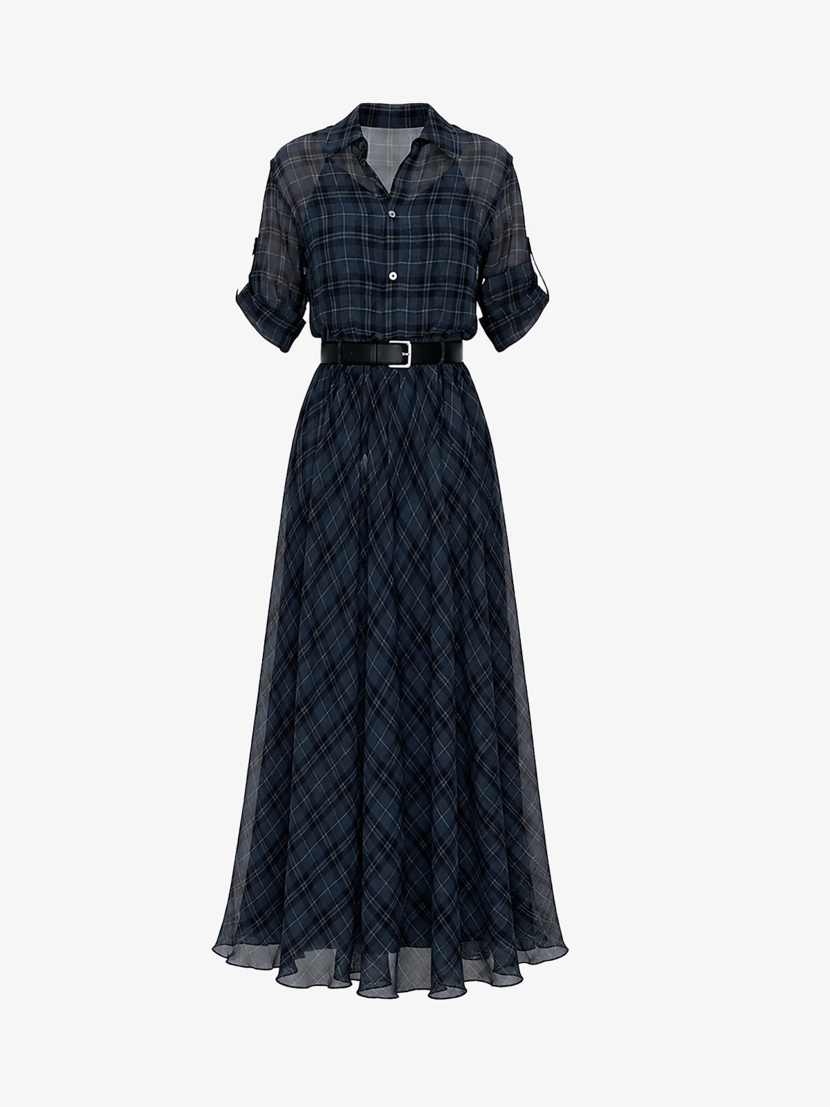 Belted Plaid Shirt Maxi Dress
