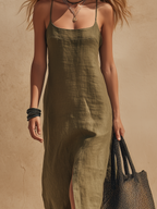 Vestido largo de lino verde oliva con escote cuadrado