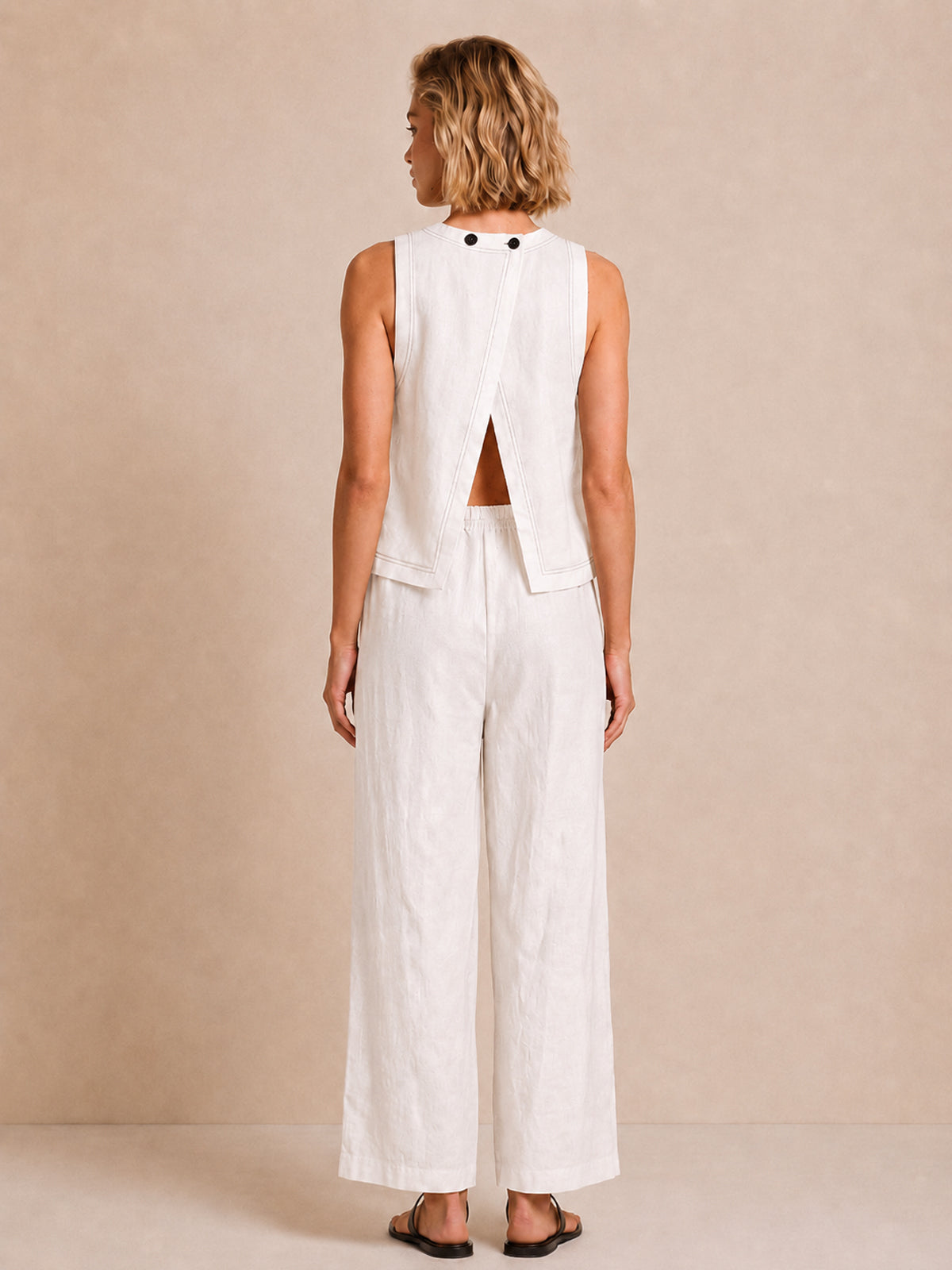 Linen-Blend Sleeveless Top & Wide-Leg Pants Set with Contrast Stitching