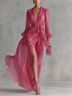 Vestido largo cruzado de gasa con escote en V profundo y abertura alta para mujer, elegante vestido de noche de manga larga