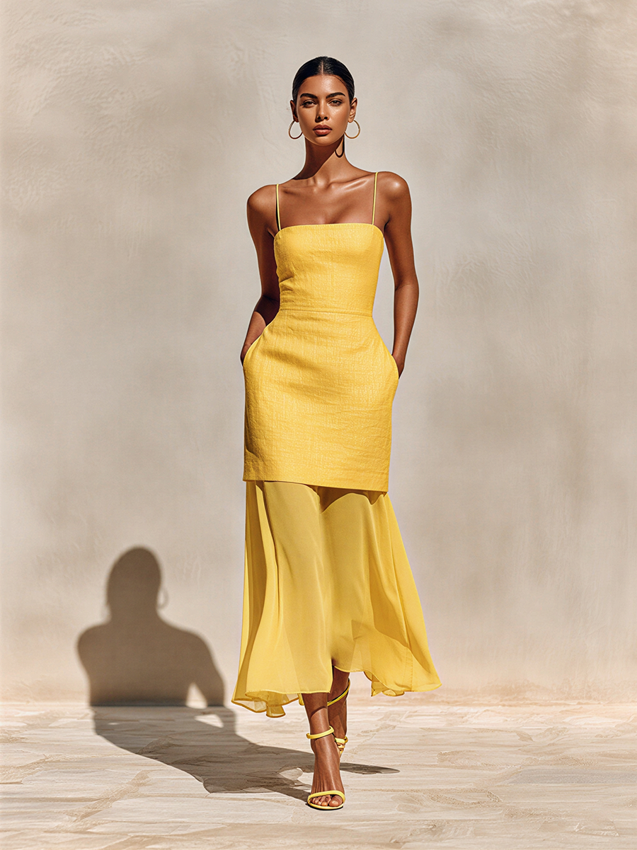 Linen Chiffon Layered Midi Dress with Straps and Side Pockets